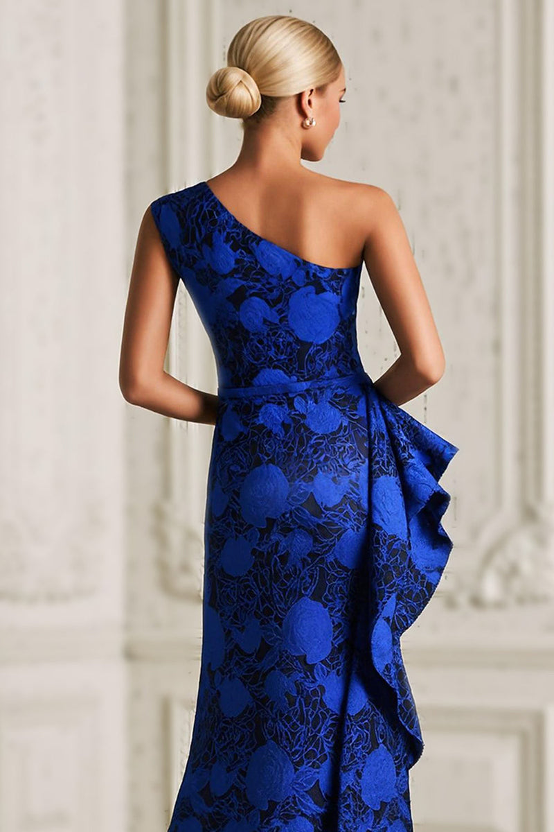 Load image into Gallery viewer, Royal Blue Ruffled Floral Long Mermaid Mother of the Bride Dress with Slit