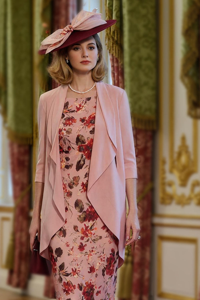 Load image into Gallery viewer, Dusty Rose 2 Piece Floral Midi Bodycon Mother of the Bride Dress with Jacket