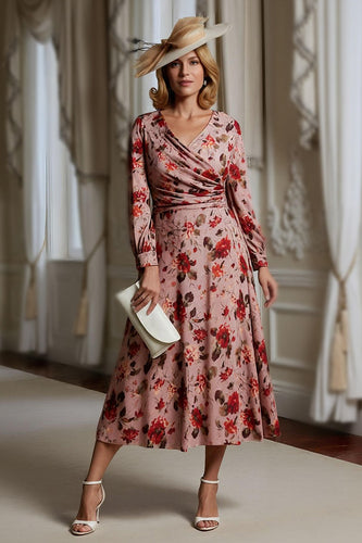 Dusty Rose V Neck Floral Long Mother of the Bride Dress with Sleeves