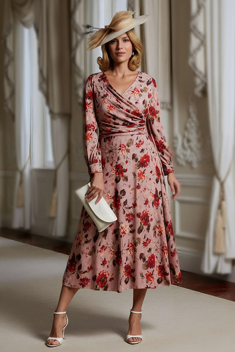 Load image into Gallery viewer, Dusty Rose V Neck Floral Long Mother of the Bride Dress with Sleeves