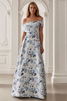 Load image into Gallery viewer, Blue Floral Off the Shoulder A-Line Long Mother of the Bride Dress