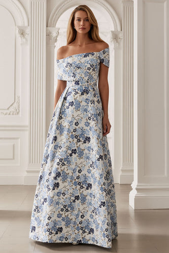Blue Floral Off the Shoulder A-Line Long Mother of the Bride Dress