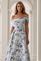 Load image into Gallery viewer, Blue Floral Off the Shoulder A-Line Long Mother of the Bride Dress