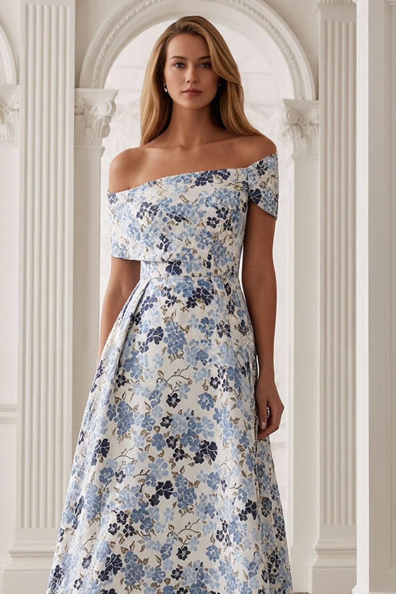 Load image into Gallery viewer, Blue Floral Off the Shoulder A-Line Long Mother of the Bride Dress