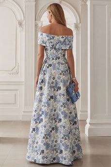 Blue Floral Off the Shoulder A-Line Long Mother of the Bride Dress