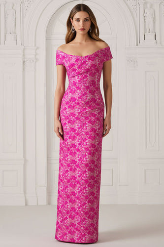 Fuchsia Floral Off the Shoulder Jacquard Long Mother of the Bride Dress