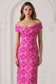 Fuchsia Floral Off the Shoulder Jacquard Long Mother of the Bride Dress