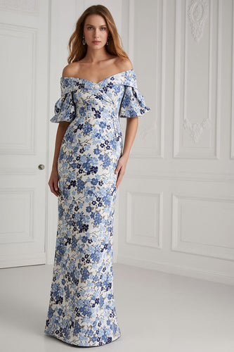 Floral Blue Off the Shoulder Long Mermaid Mother of the Bride Dress