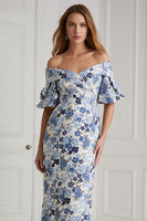 Load image into Gallery viewer, Floral Blue Off the Shoulder Long Mermaid Mother of the Bride Dress