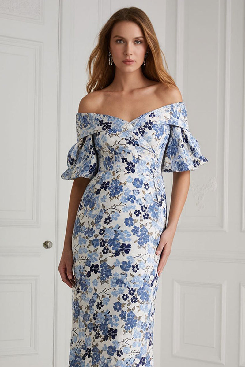 Load image into Gallery viewer, Floral Blue Off the Shoulder Long Mermaid Mother of the Bride Dress