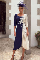 Load image into Gallery viewer, Navy and Ivory Appliqued Scoop Neck Midi Floral Mother of the Bride Dress