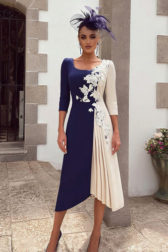 Navy and Ivory Appliqued Scoop Neck Midi Floral Mother of the Bride Dress