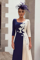Load image into Gallery viewer, Navy and Ivory Appliqued Scoop Neck Midi Floral Mother of the Bride Dress