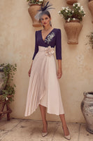 Load image into Gallery viewer, Purple Pleated V-Neck Ruched Midi Mother of the Bride Dress