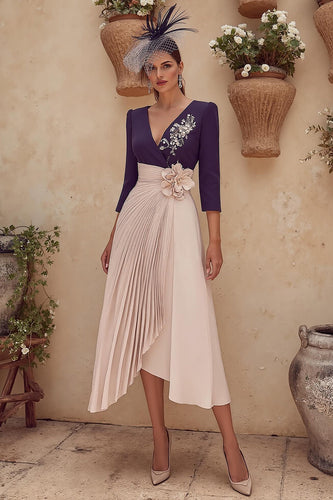 Purple Pleated V-Neck Ruched Midi Mother of the Bride Dress