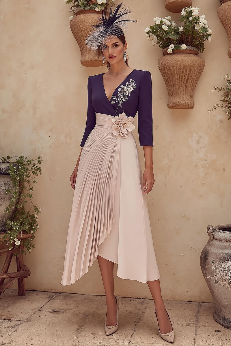 Load image into Gallery viewer, Purple Pleated V-Neck Ruched Midi Mother of the Bride Dress