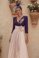 Load image into Gallery viewer, Purple Pleated V-Neck Ruched Midi Mother of the Bride Dress