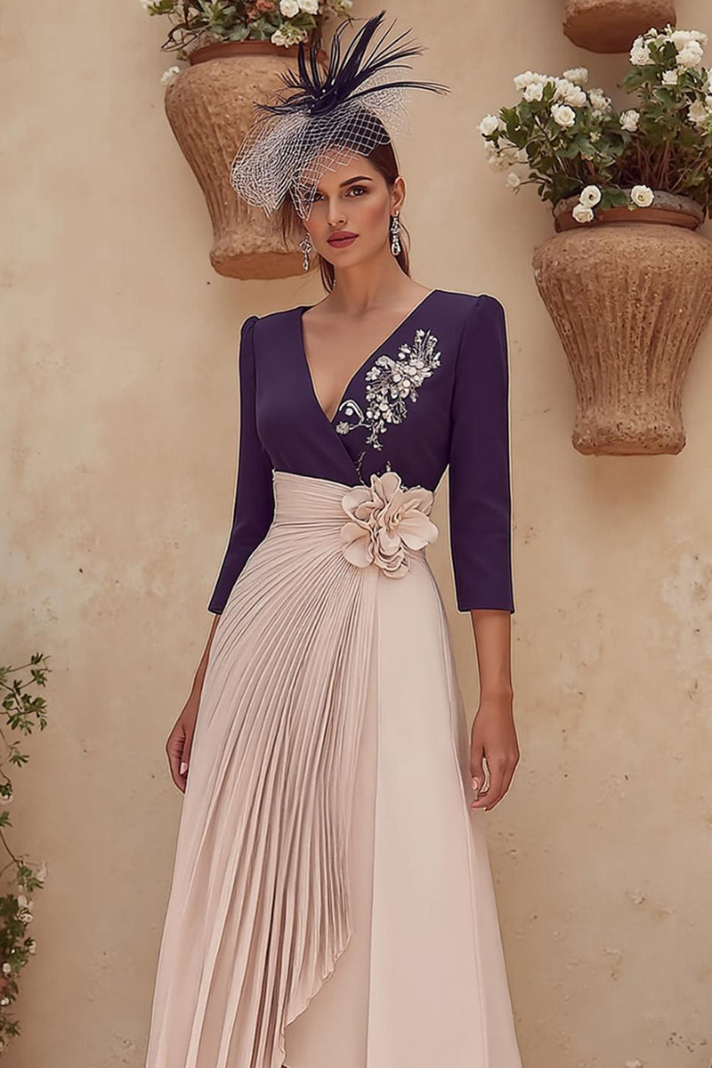 Load image into Gallery viewer, Purple Pleated V-Neck Ruched Midi Mother of the Bride Dress
