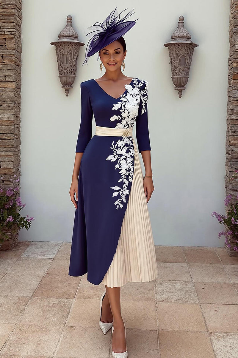 Load image into Gallery viewer, Floral Navy V-Neck Appliqued MIdi Pleated Mother of the Bride Dress