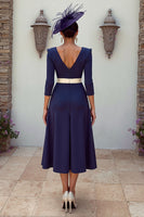 Load image into Gallery viewer, Floral Navy V-Neck Appliqued MIdi Pleated Mother of the Bride Dress