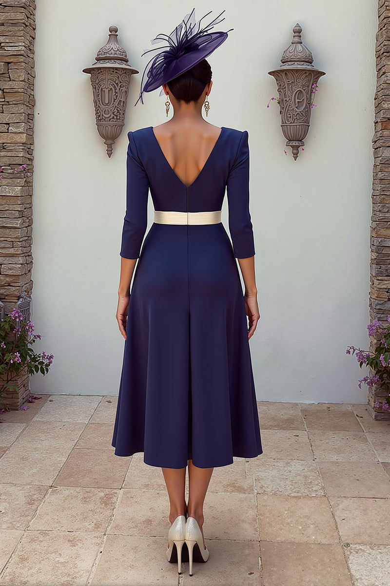 Load image into Gallery viewer, Floral Navy V-Neck Appliqued MIdi Pleated Mother of the Bride Dress