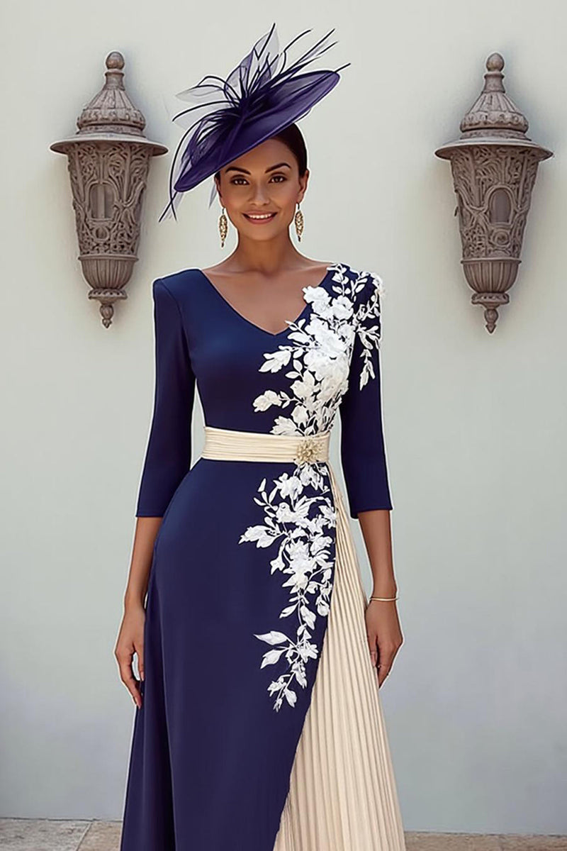 Load image into Gallery viewer, Floral Navy V-Neck Appliqued MIdi Pleated Mother of the Bride Dress