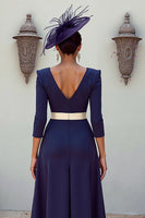 Load image into Gallery viewer, Floral Navy V-Neck Appliqued MIdi Pleated Mother of the Bride Dress