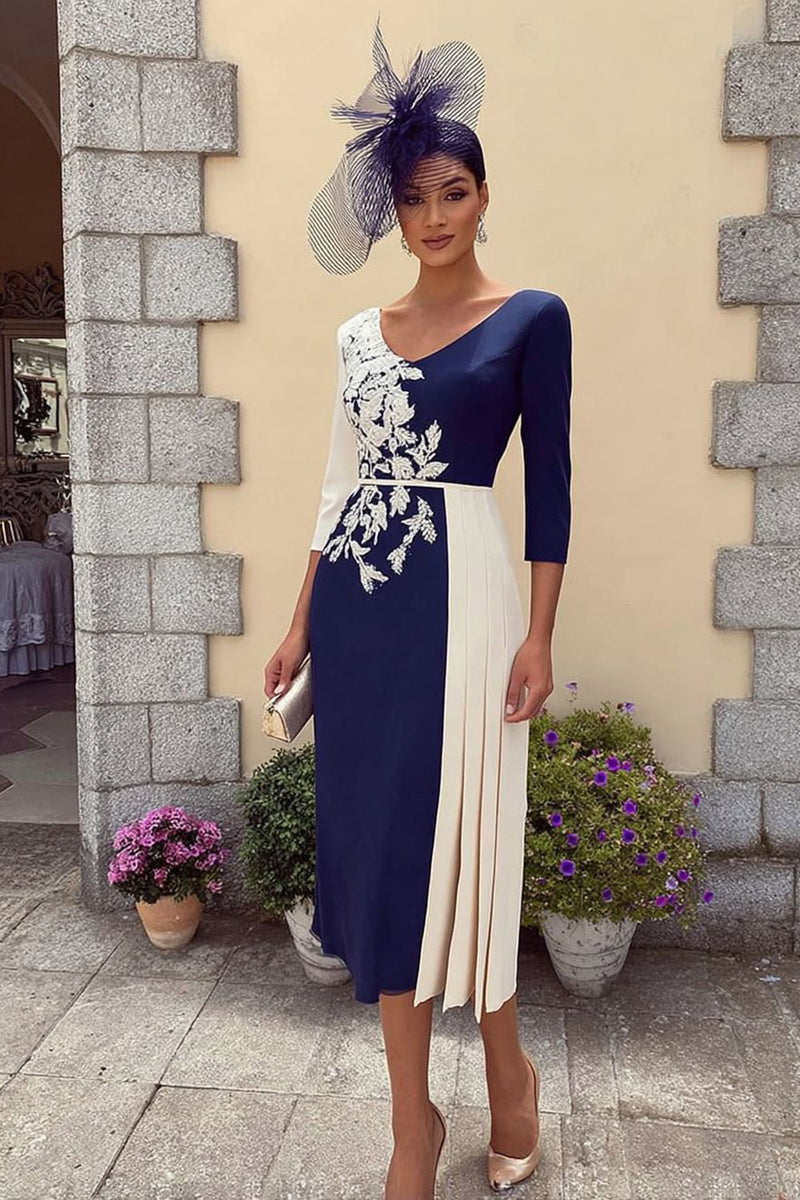 Load image into Gallery viewer, Navy Midi Bodycon Mother of the Bride Dress with Appliques