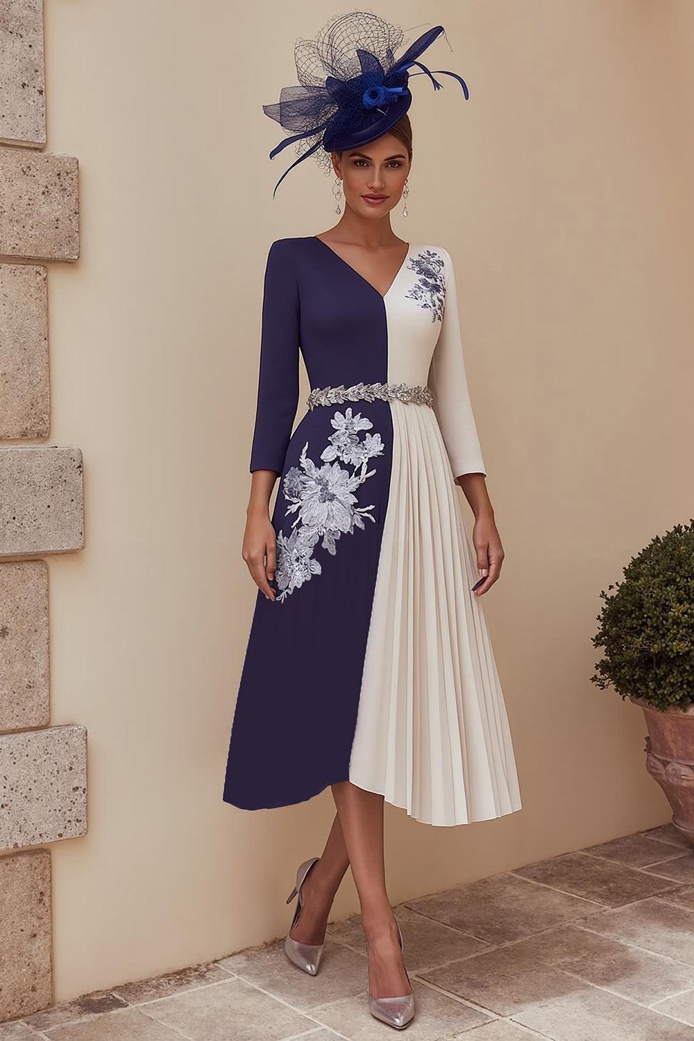 Navy Pleated V-Neck Midi Mother of the Bride Dress with Appliques