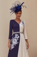 Load image into Gallery viewer, Navy Pleated V-Neck Midi Mother of the Bride Dress with Appliques