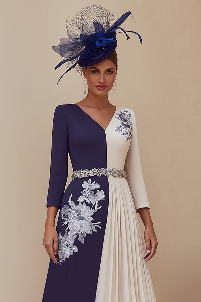 Load image into Gallery viewer, Navy Pleated V-Neck Midi Mother of the Bride Dress with Appliques