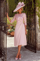 Load image into Gallery viewer, Dusty Rose Ruched Crew Neck A Line Midi Mother of the Bride Dress