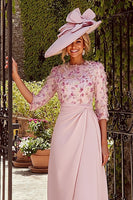 Load image into Gallery viewer, Dusty Rose Ruched Crew Neck A Line Midi Mother of the Bride Dress