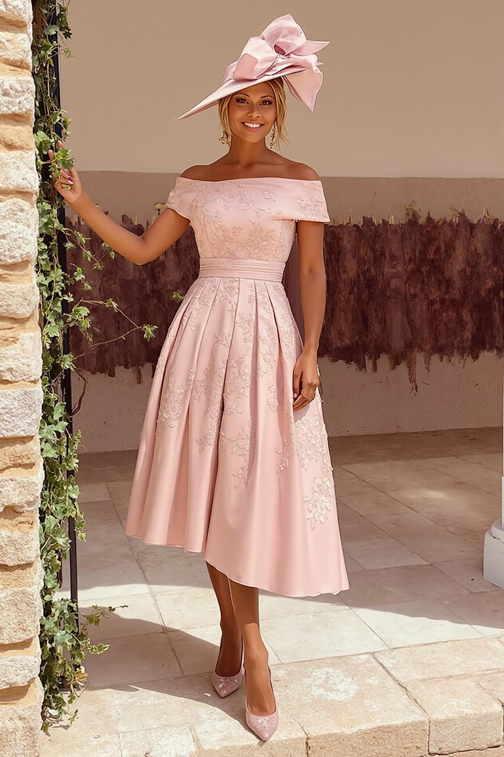 Dusty Rose Floral Off the Shoulder A Line Midi Mother of the Bride Dress