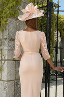 Load image into Gallery viewer, Floral Dusty Rose Boat Neck Midi Bodycon Mother of the Bride Dress