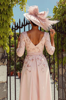 Load image into Gallery viewer, Dusty Rose Midi Floral Mother of the Bride Dress with Sleeves