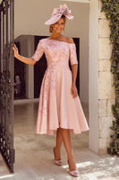 Load image into Gallery viewer, Floral Dusty Rose Appliqued Midi One Shoulder Mother of the Bride Dress