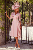 Load image into Gallery viewer, Dusty Rose Floral A-Line V-Neck Midi Mother of the Bride Dress with Sash