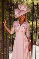 Load image into Gallery viewer, Dusty Rose Floral A-Line V-Neck Midi Mother of the Bride Dress with Sash