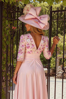 Load image into Gallery viewer, Dusty Rose Floral A-Line V-Neck Midi Mother of the Bride Dress with Sash