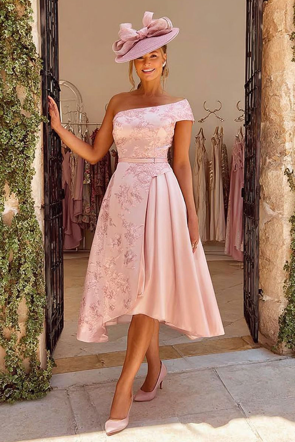 Dusty Rose Jacquard A-Line Midi Mother of the Bride Dress