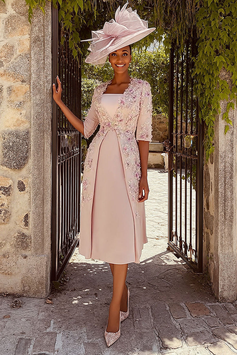 Load image into Gallery viewer, Dusty Rose Floral Midi Mother of the Bride Dress with Sleeves