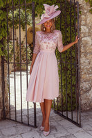 Load image into Gallery viewer, Dusty Rose Floral Pleated A Line Midi Mother of the Bride Dress with Sleeves