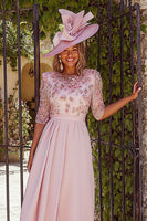 Load image into Gallery viewer, Dusty Rose Floral Pleated A Line Midi Mother of the Bride Dress with Sleeves