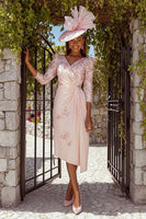 Load image into Gallery viewer, Floral Dusty Rose V-Neck Ruched Midi Mother of the Bride Dress