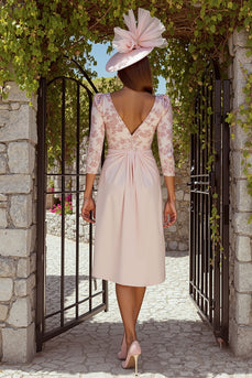 Floral Dusty Rose V-Neck Ruched Midi Mother of the Bride Dress