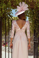 Load image into Gallery viewer, Floral Dusty Rose V-Neck Ruched Midi Mother of the Bride Dress
