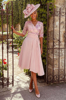 Load image into Gallery viewer, Dusty Rose A Line V Neck Midi Floral Mother of the Bride Dress with Sleeves