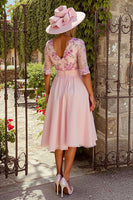 Load image into Gallery viewer, Dusty Rose A Line V Neck Midi Floral Mother of the Bride Dress with Sleeves