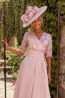 Load image into Gallery viewer, Dusty Rose A Line V Neck Midi Floral Mother of the Bride Dress with Sleeves
